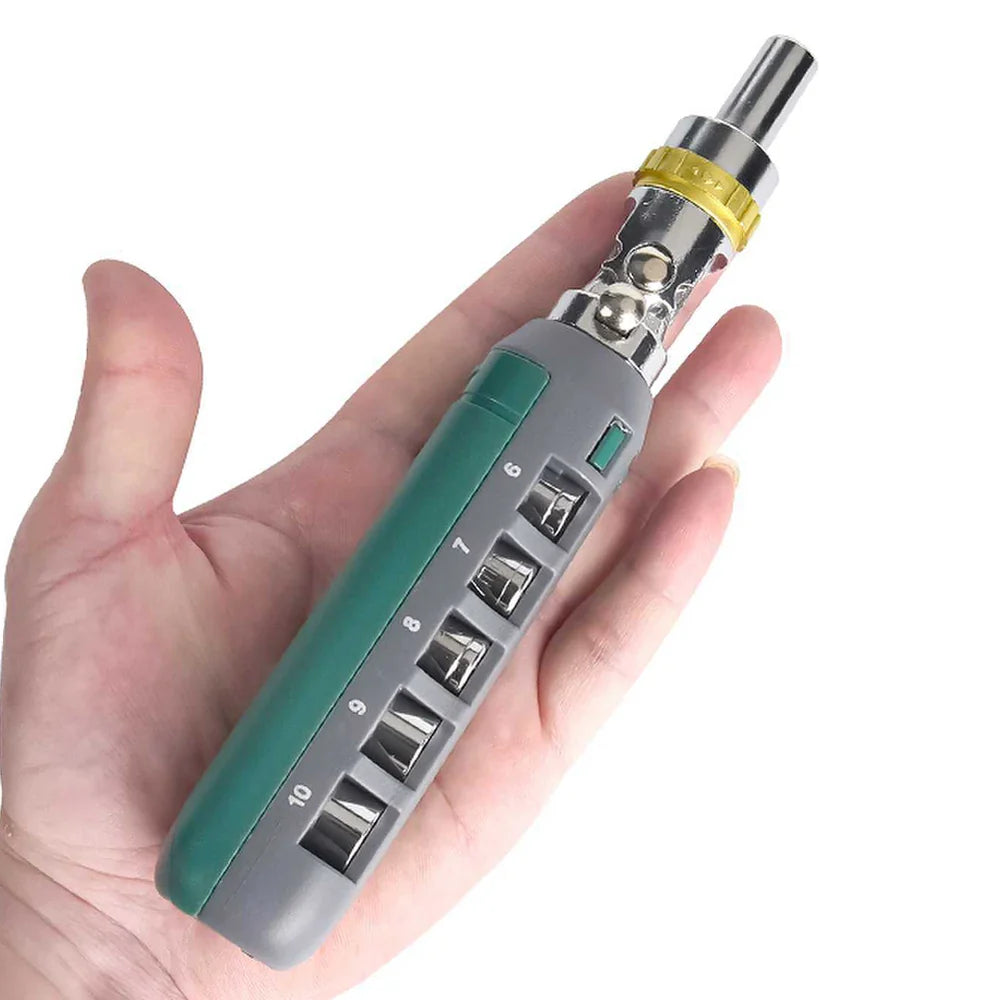 Викрутка магнітна зі змінними насадками в ручці храповим механізмом 180 градусів 14в1