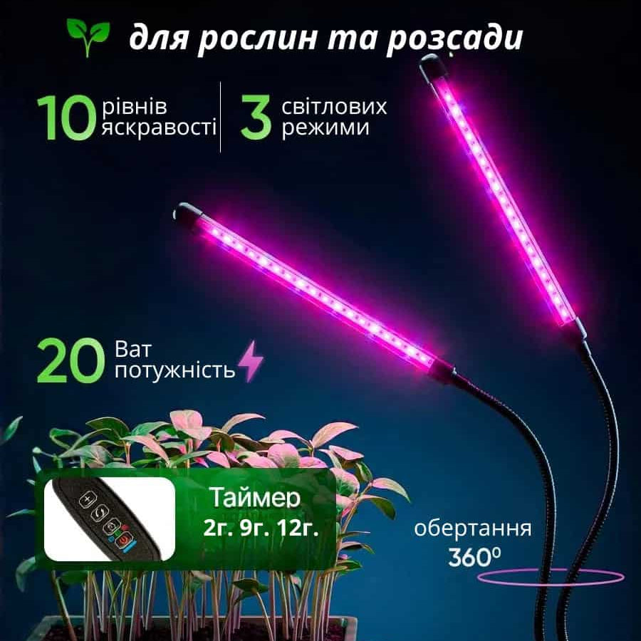 Фітолампа подвійна світлодіодна для росту рослин і розсади на 2 головки з таймером