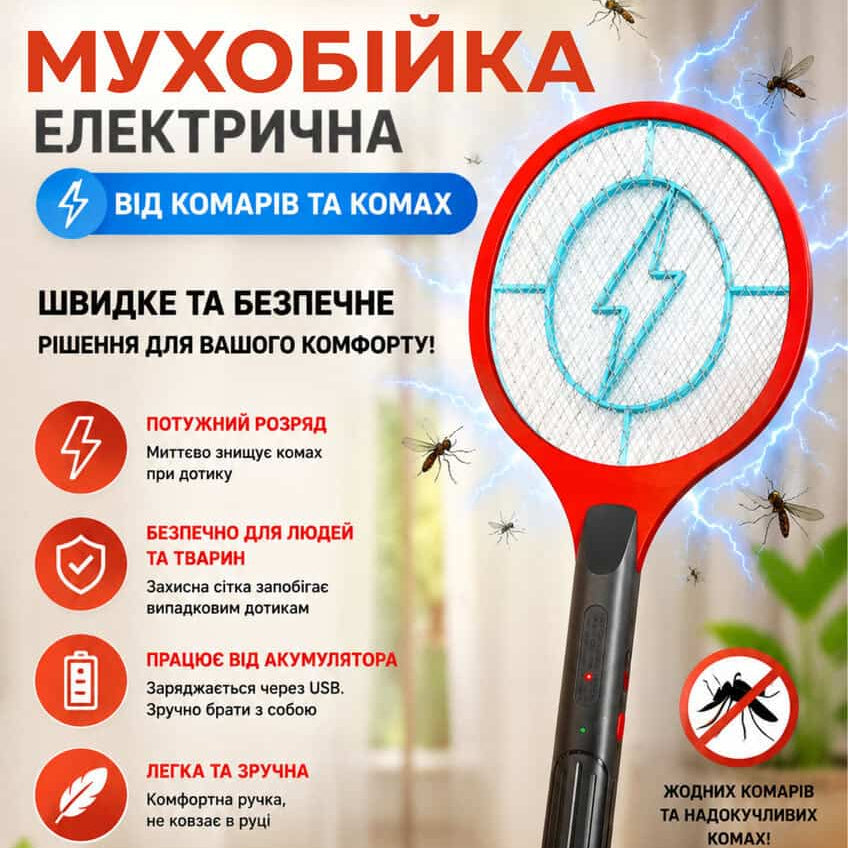 Електрична мухобійка ракетка акумуляторна