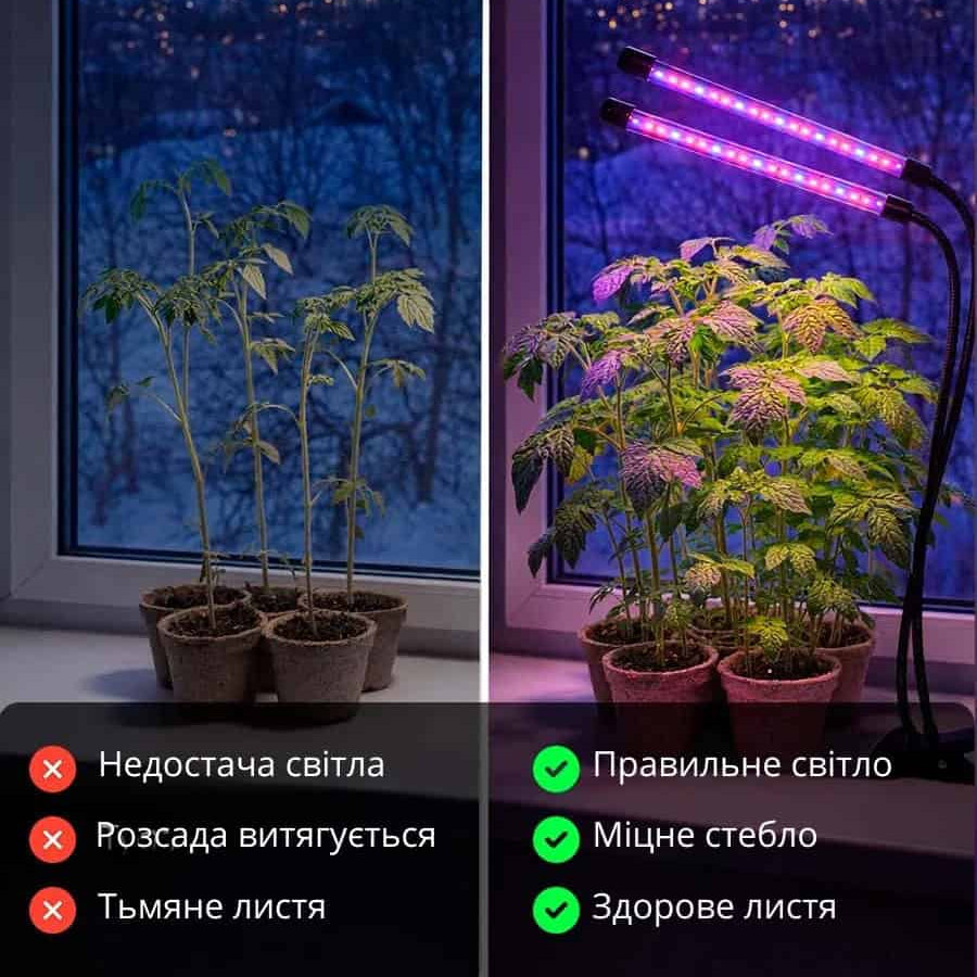 Фітолампа подвійна світлодіодна для росту рослин і розсади на 2 головки з таймером