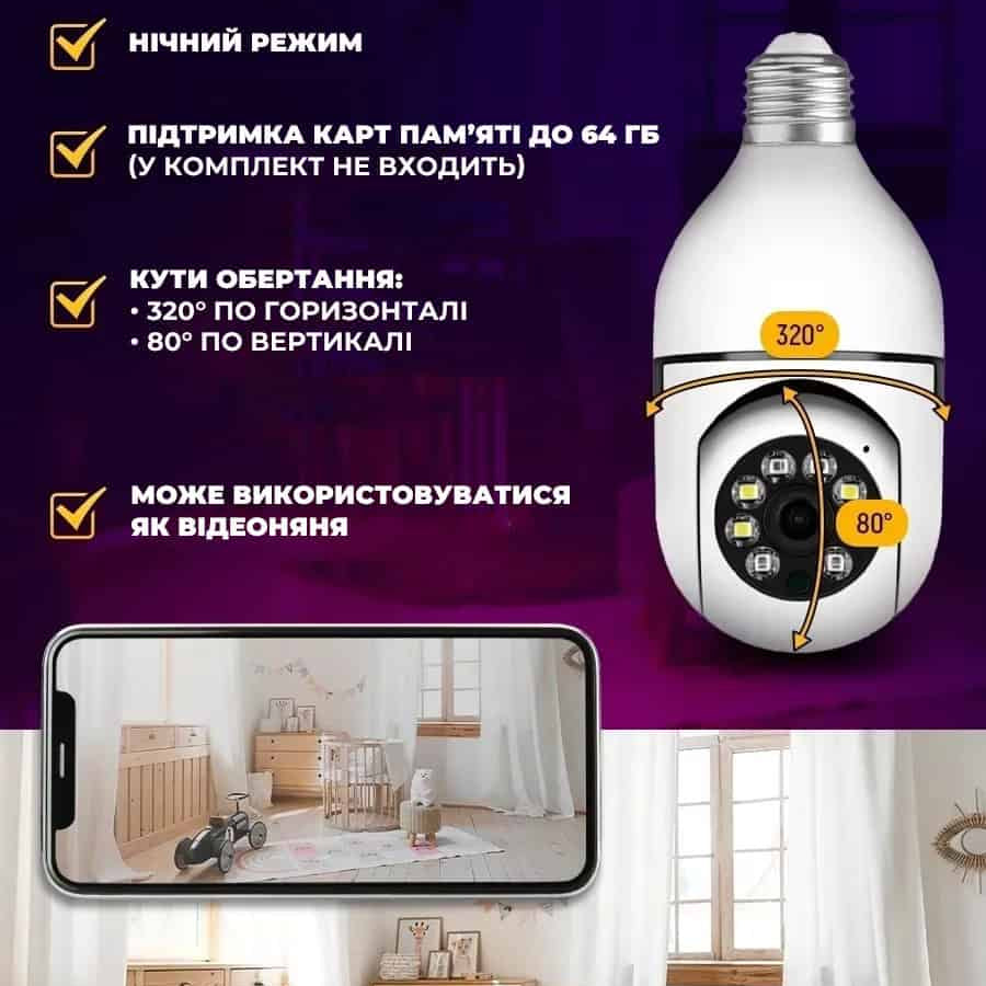 Камера лампочка з цоколем в патрон панорамна Wi-Fi