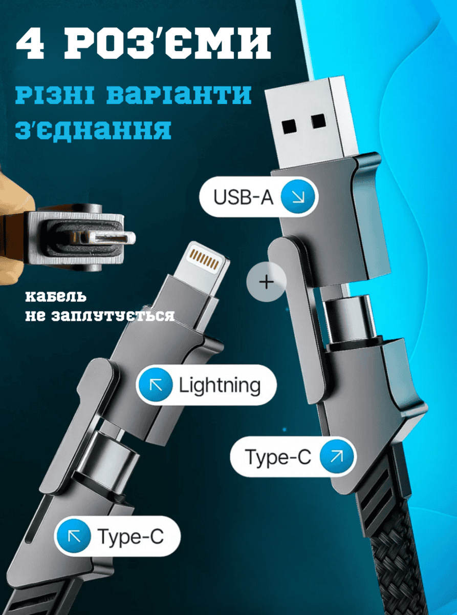 Універсальний зарядний кабель 4-в-1 з USB та з захистом від заплутування 1,5м