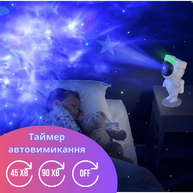 Світильник-нічник проектор зоряного неба галактики Космонавт на місяці з пультом та таймером і змінними режимами світлення