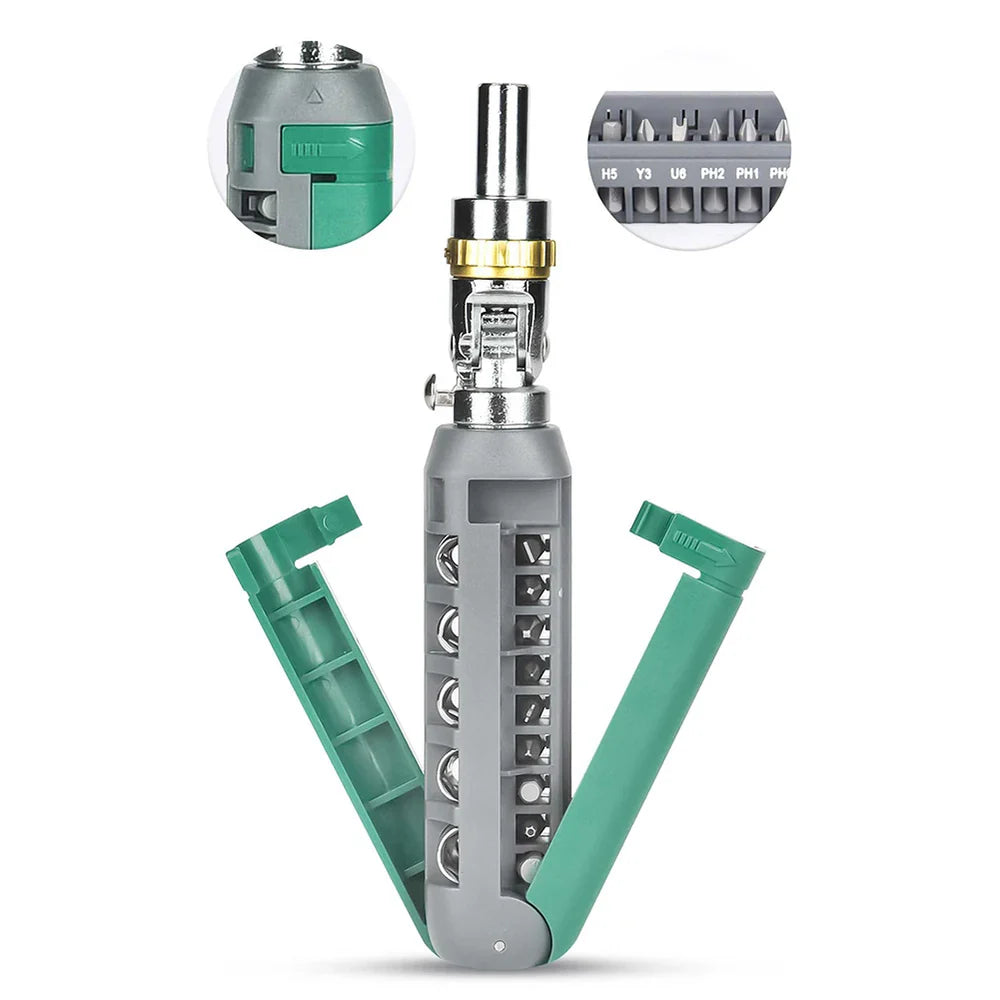 Викрутка магнітна зі змінними насадками в ручці храповим механізмом 180 градусів 14в1