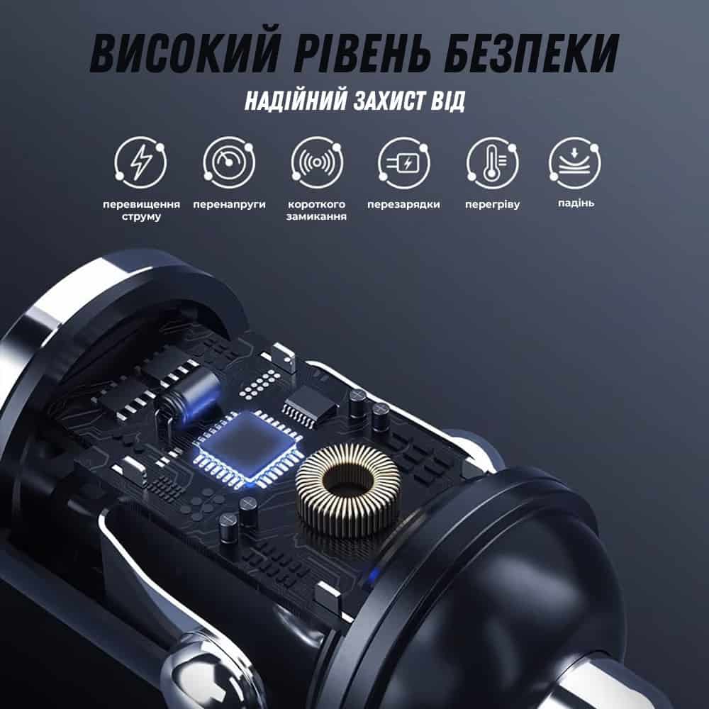 Швидкий автомобільний зарядний пристрій в прикурювач машини на 2 порти USB і Type-C