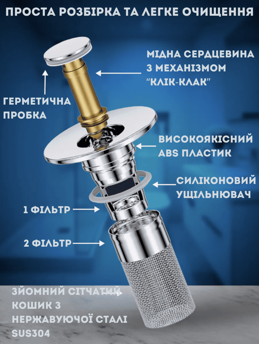 Пробка з фільтром від засорів для ванни та раковини