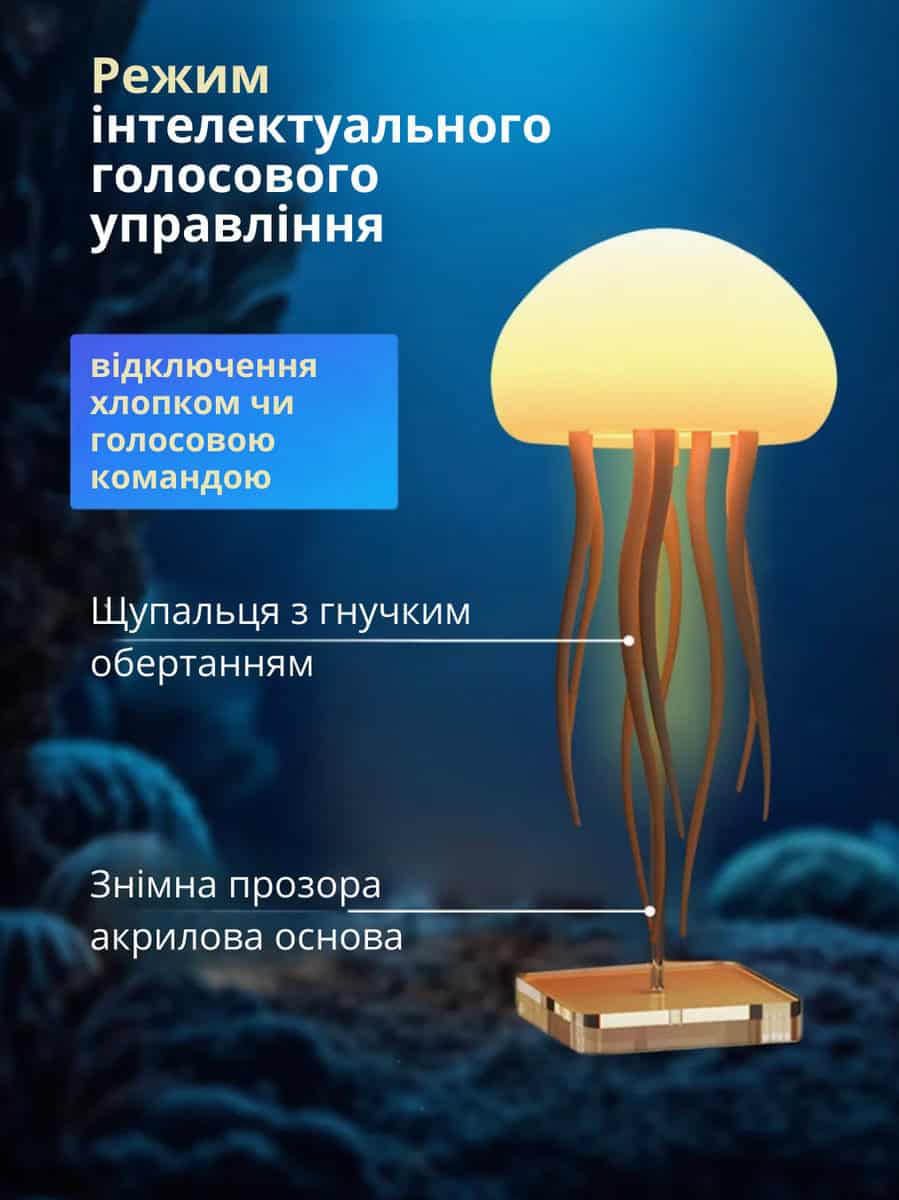 Нічник 3D лампа на акумуляторі "Медуза" з голосовим керуванням