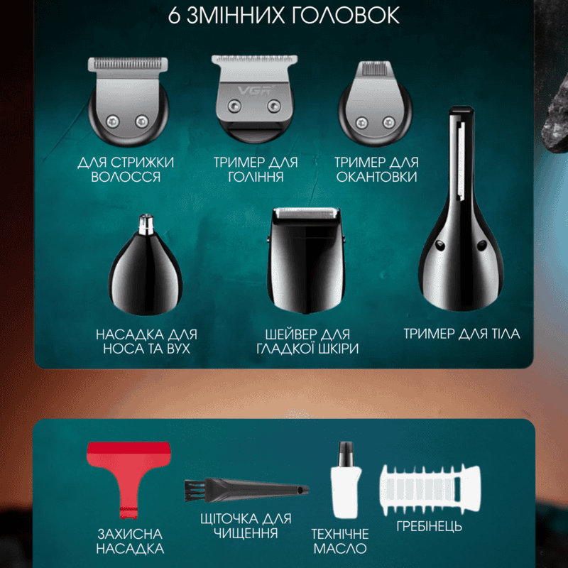 Машинка для стрижки, акумуляторна, набір 5 насадок