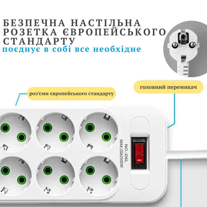 Мережевий фільтр-подовжувач 10 розеток D10 4хUSB/Type C 5 метрів