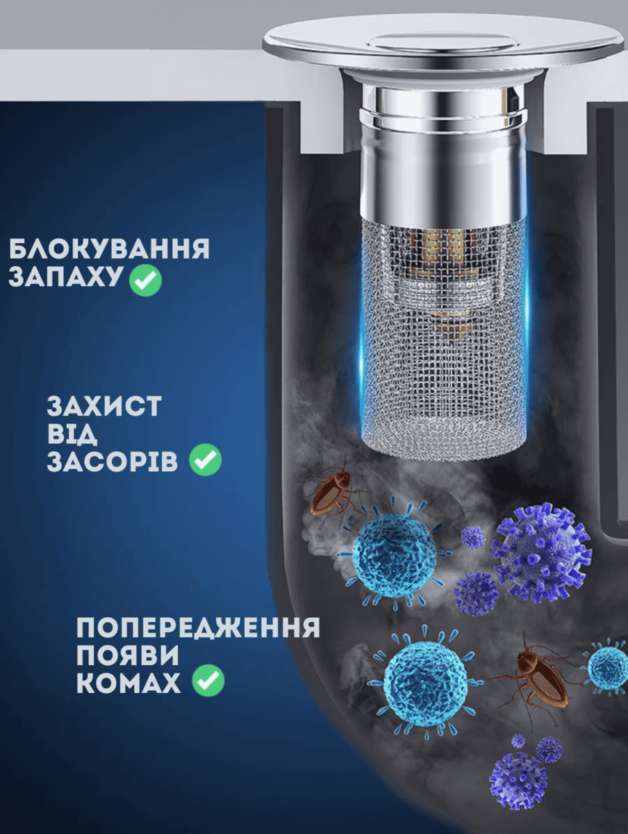 Пробка з фільтром від засорів для ванни та раковини