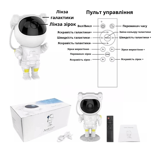 Світильник-нічник проектор зоряного неба галактики Космонавт на місяці з пультом та таймером і змінними режимами світлення