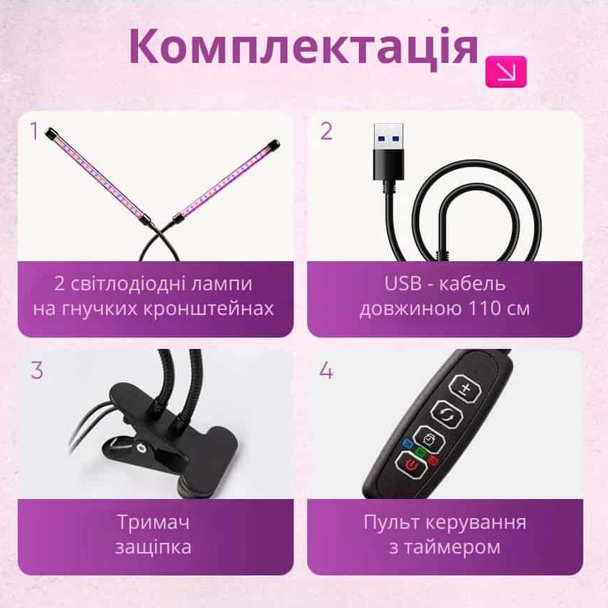 Фітолампа подвійна світлодіодна для росту рослин і розсади на 2 головки з таймером