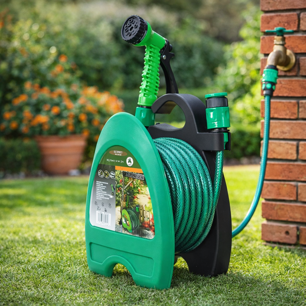 Шланг для поливу на котушці 10 метрів на швидкозатискному з'єднанні з розпилювачем води