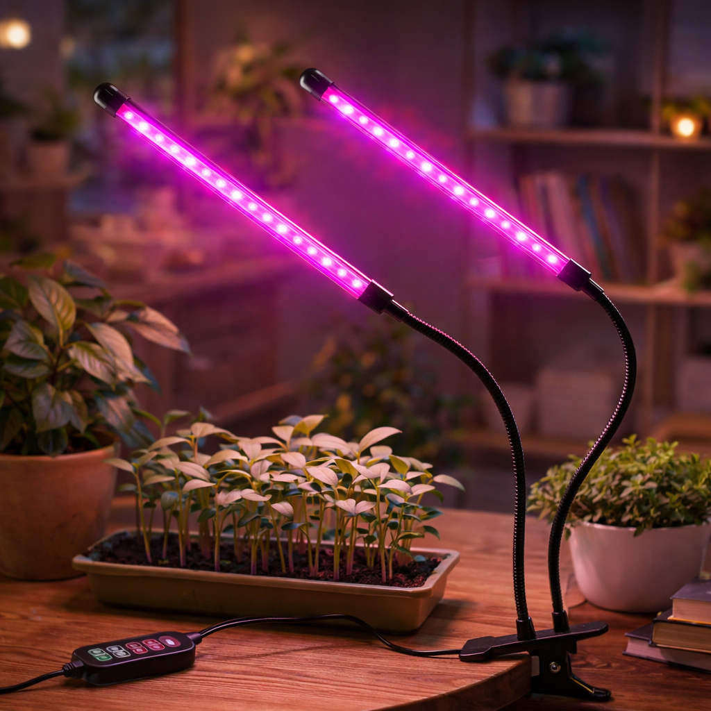 Фітолампа подвійна світлодіодна для росту рослин і розсади на 2 головки з таймером