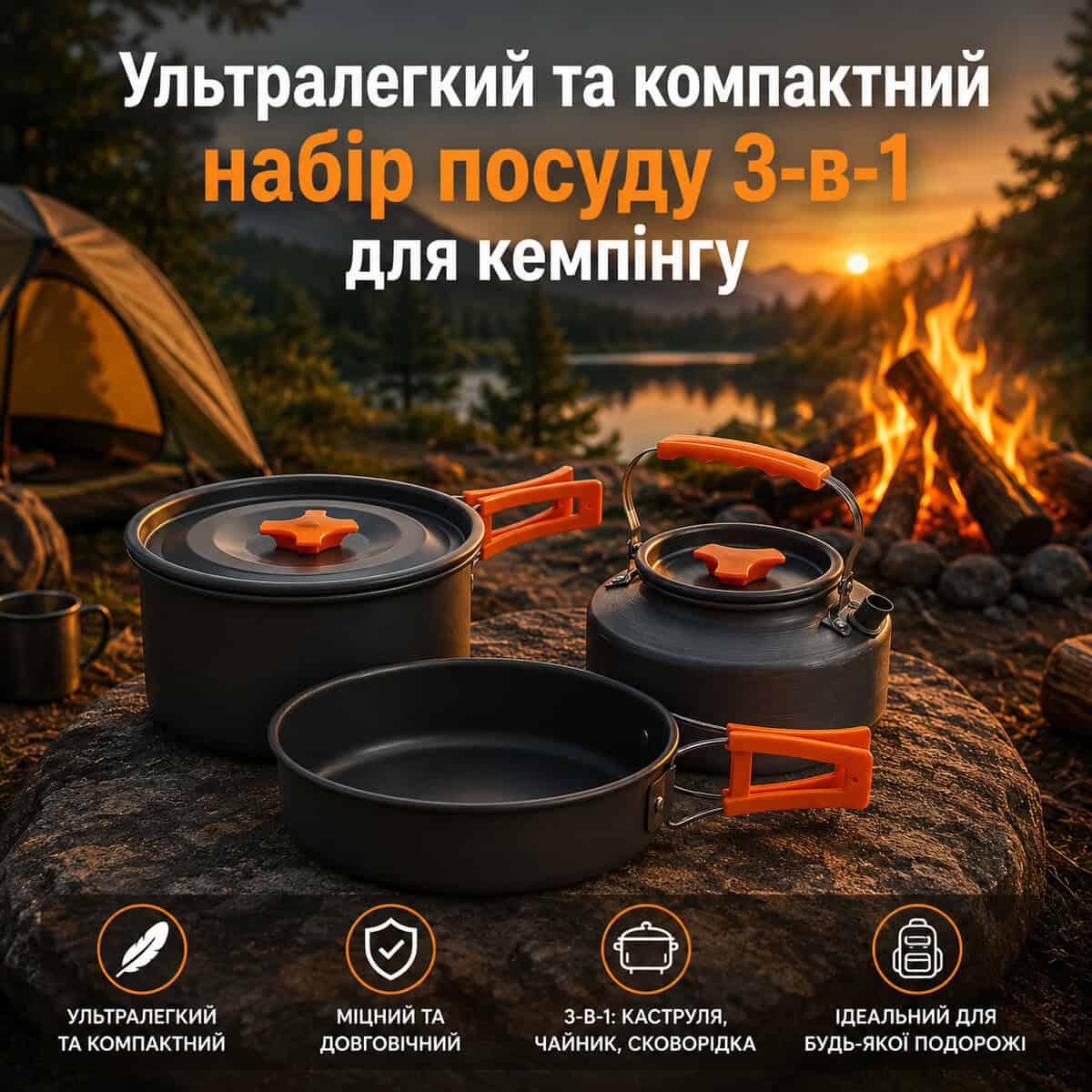 Набір туристичного посуду для походу та кемпінгу