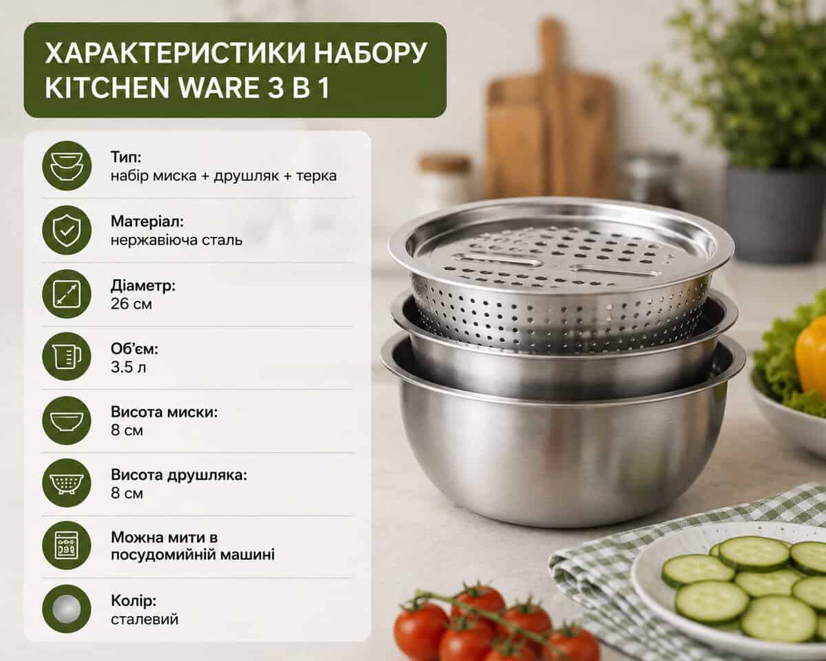 Овочерізка 3 в 1 Миска друшляк та терка для овочів 26см