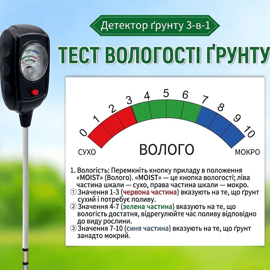 Вимірювач грунту 3-в-1 визначає вологість, рівень pH та родючість