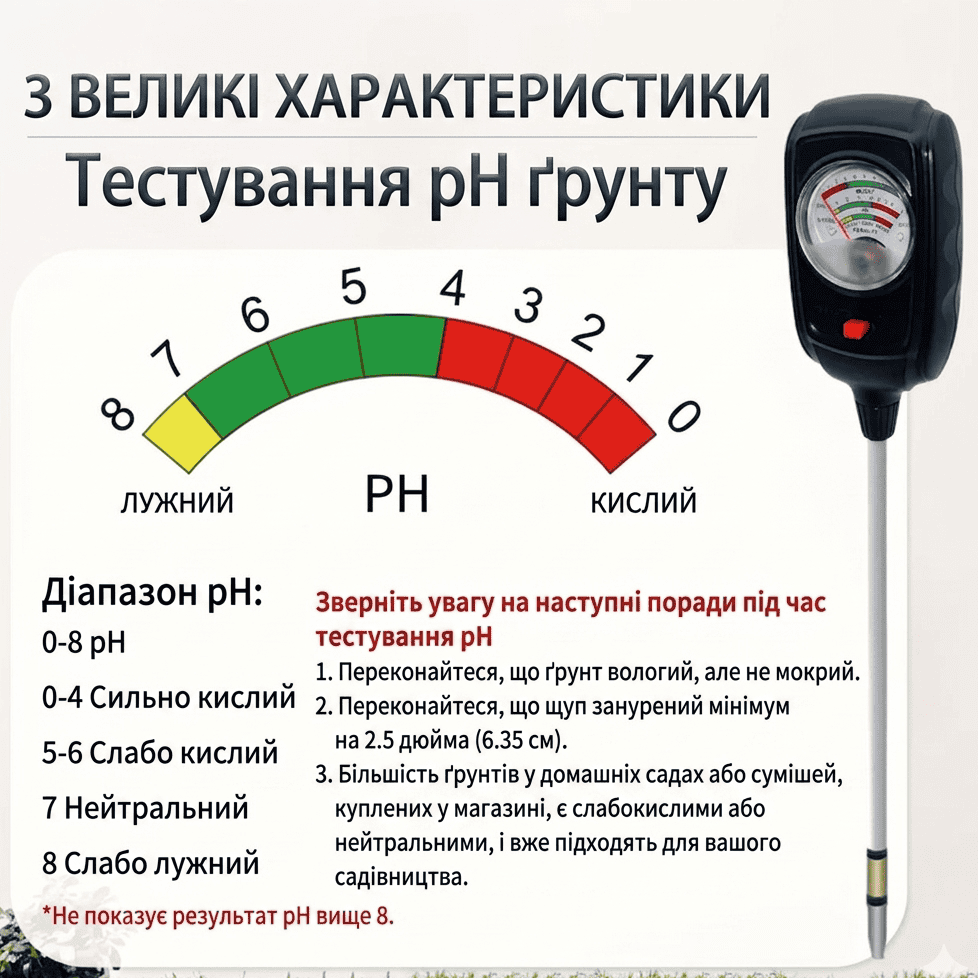 Вимірювач грунту 3-в-1 визначає вологість, рівень pH та родючість