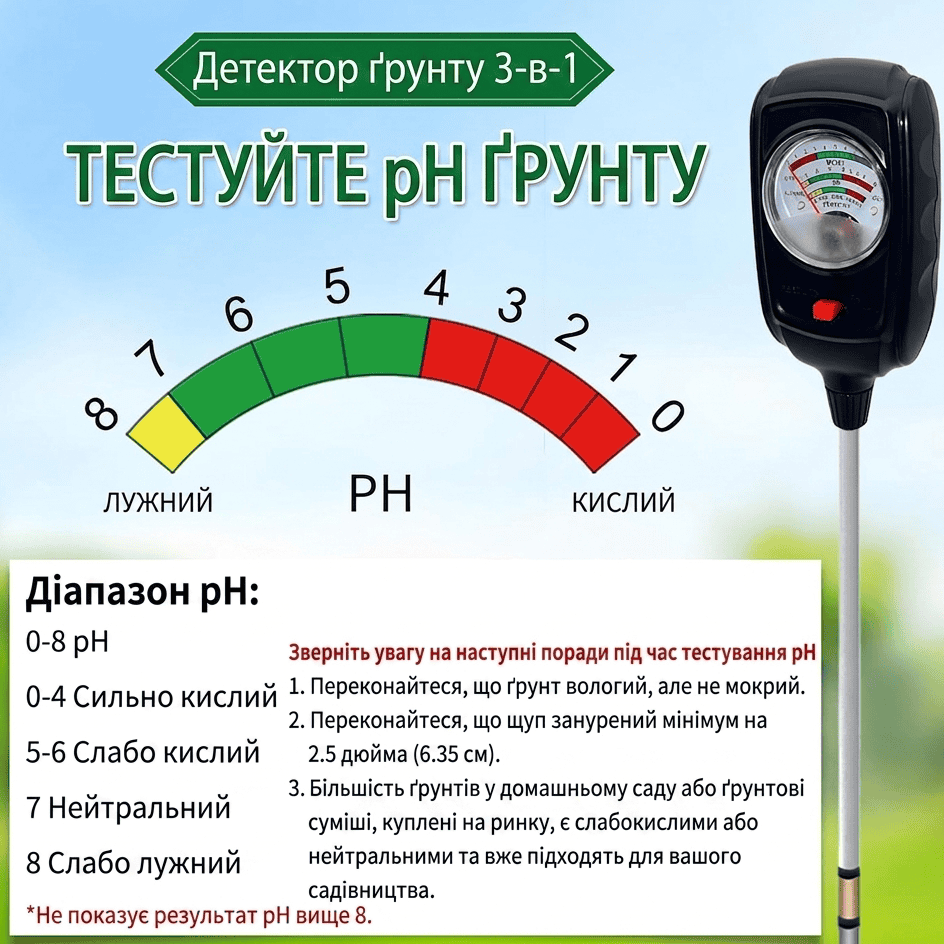 Вимірювач грунту 3-в-1 визначає вологість, рівень pH та родючість