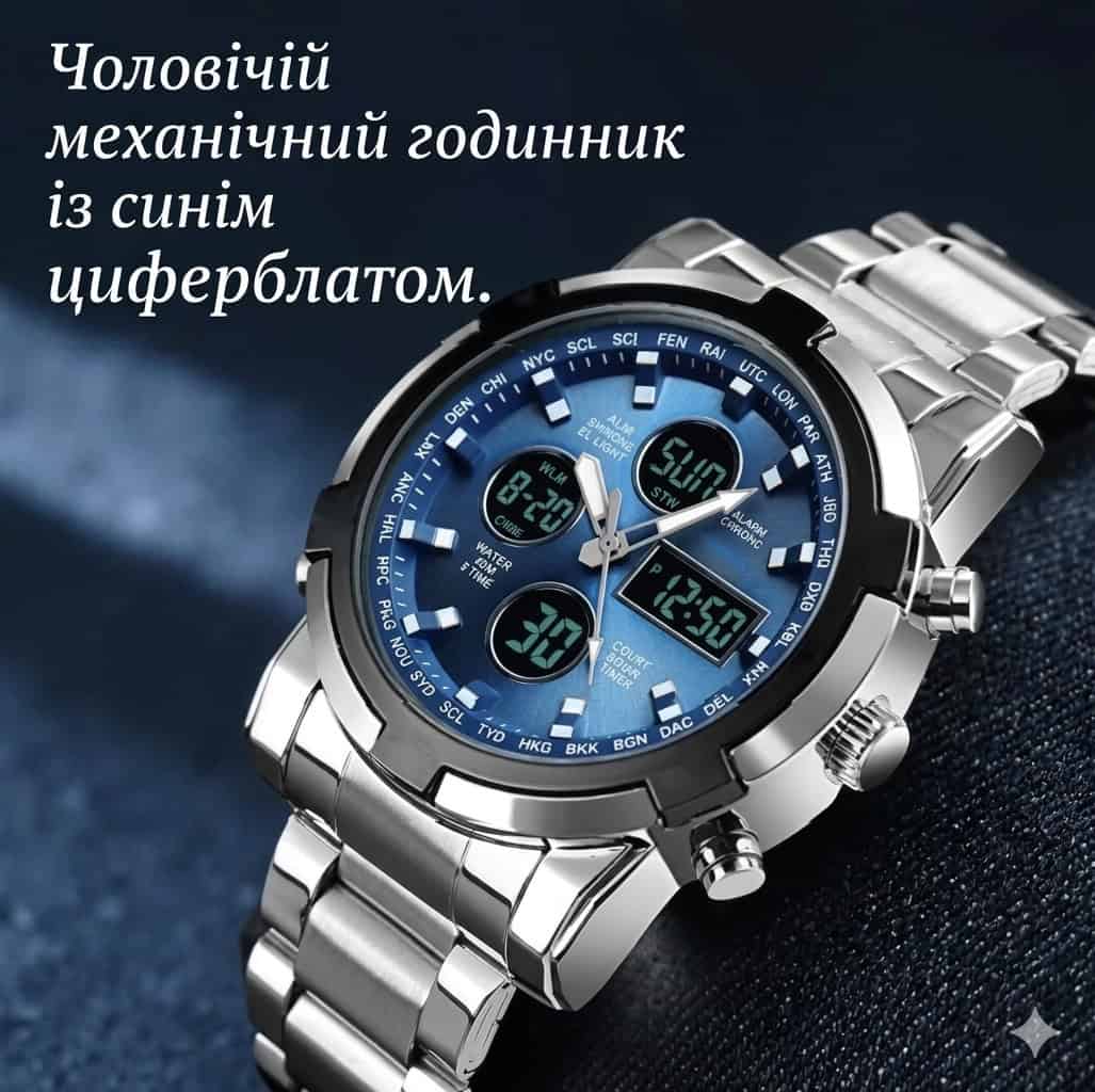 Чоловічій механічний годинник із синім циферблатом