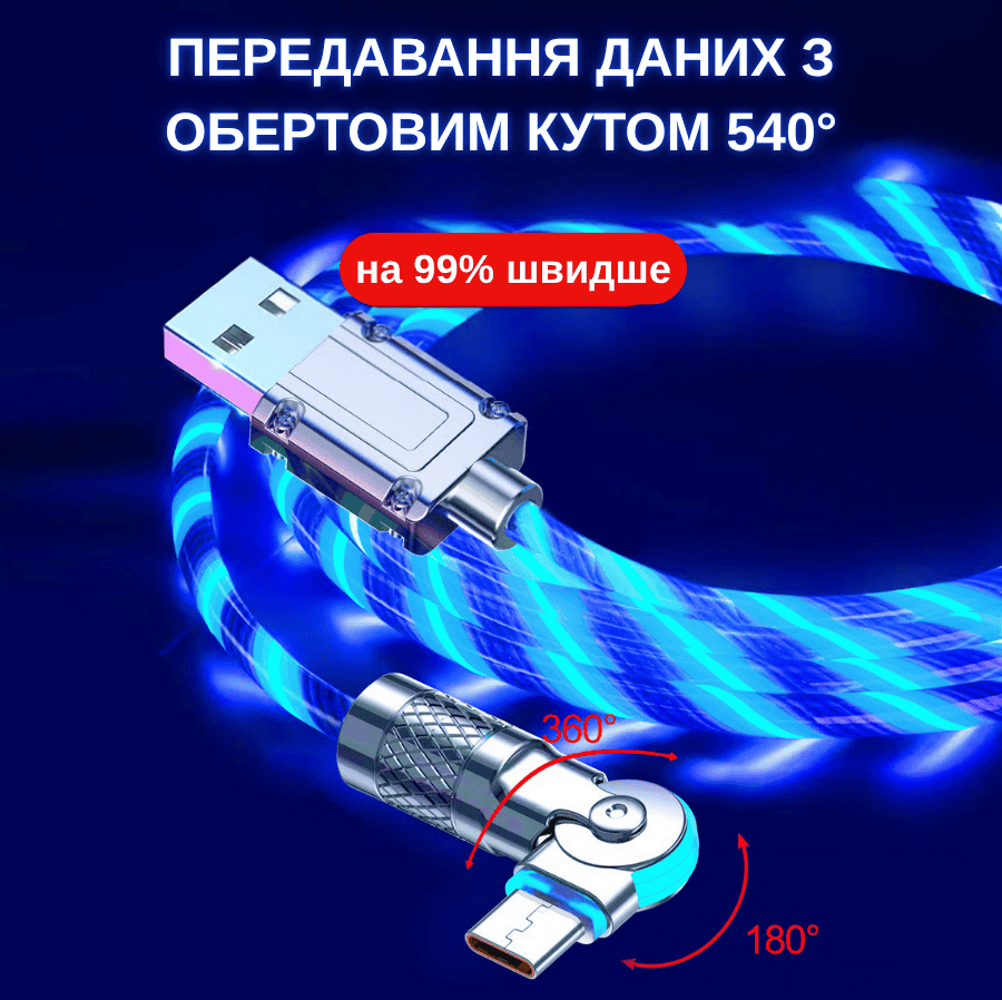 Магнітний поворотний кабель зарядки, що світиться, USB Type C
