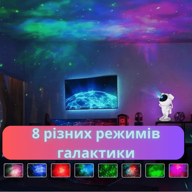 Світильник-нічник проектор зоряного неба галактики Космонавт на місяці з пультом та таймером і змінними режимами світлення