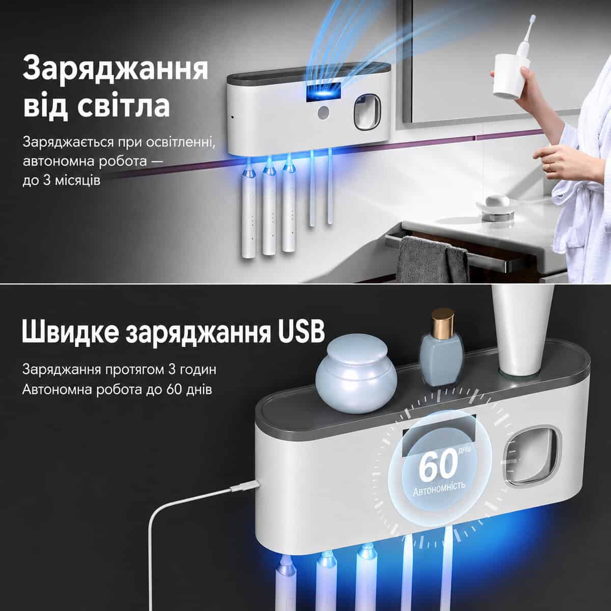 Тримач для зубних щіток із дозатором пасти та УФ